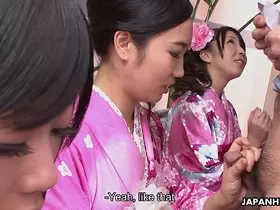 Three geishas sucking on one lonely cock