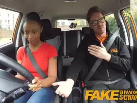 Fake Driving School ebony learner with big tits is worst driver yet