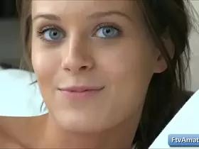 Cute brunette Lana with sexy blue eyes show her perky nipples