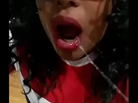 Ebony slut gives warm sloppy throat gag