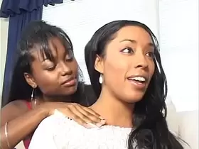 Light skinned black vixen Donna Red with big melons and young ebony carpet muncher Giselle Ryan in sexual red outfit fuck using different sex toys